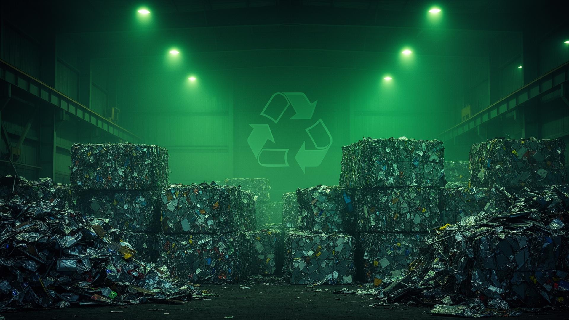 Modern metal recycling facility with stacked scrap bales