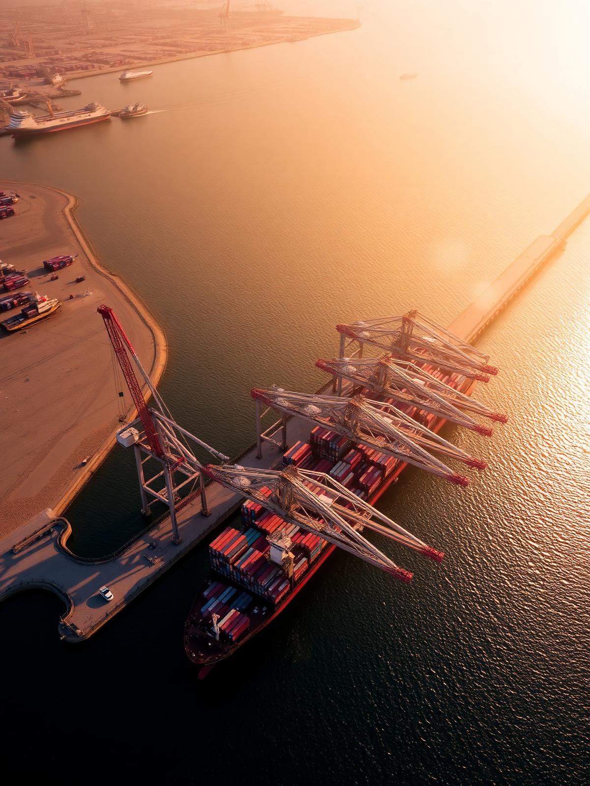 Aerial view of cargo terminal at golden hour