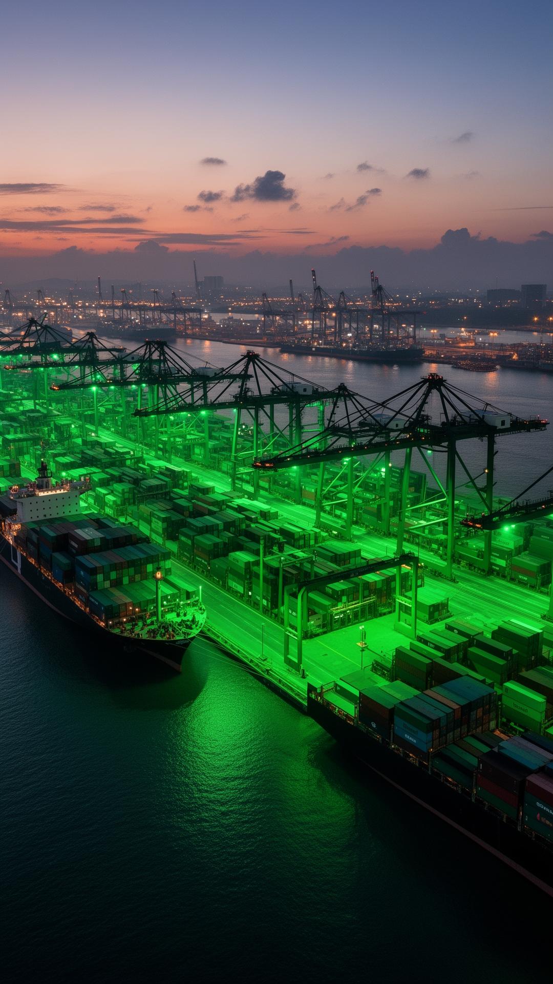 Aerial view of cargo terminal at golden hour